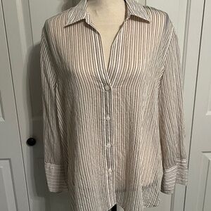 ZARA, SHEER BUTTON DOWN BLOUSE WITH THIN BROWN STRIPES SIZE XL